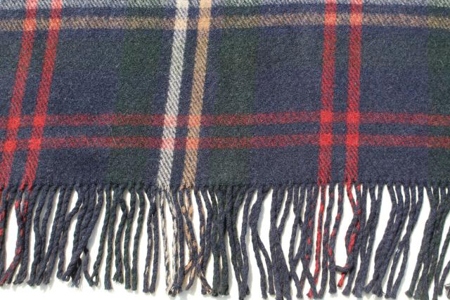 vintage Chase double sided heavy wool camp blanket, fringed plaid lap robe