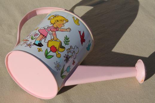 vintage Chein tin litho print toy watering can, child's size garden sprinkling can
