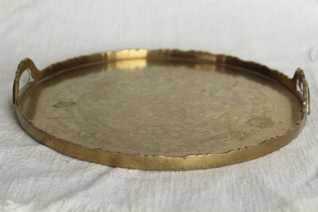 vintage Chinese brass tray, chinoiserie etched solid brass, small round tray 
