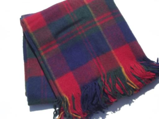 vintage Chippewa wool camp blanket throw, red plaid w/ heavy fringe