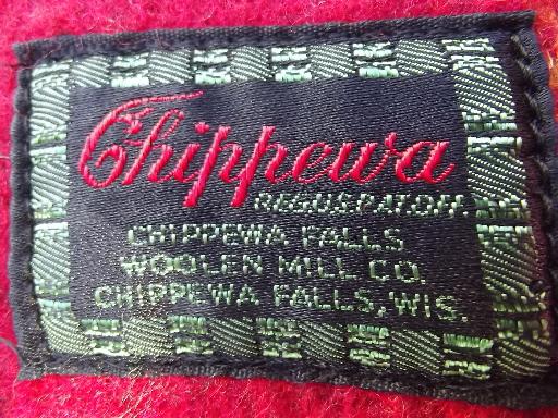 vintage Chippewa wool camp blanket throw, red plaid w/ heavy fringe