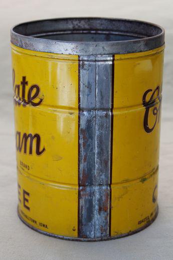 vintage Chocolate Cream brand coffee can, mustard yellow metal can w/ great advertising graphics