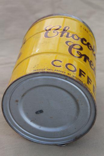 vintage Chocolate Cream brand coffee can, mustard yellow metal can w/ great advertising graphics
