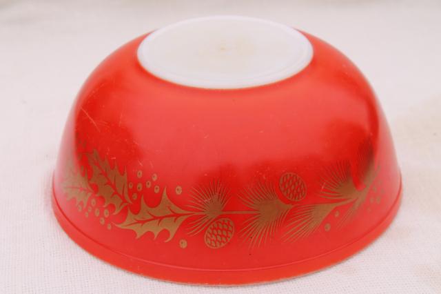 vintage Christmas Pyrex, red & gold holiday holly & pine cone mixing bowl or punch bowl