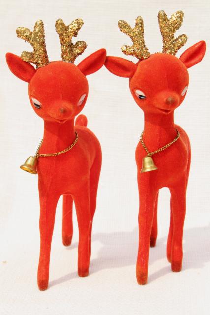 vintage Christmas decorations, blow mold plastic deer flocked red velvet glitter antlers