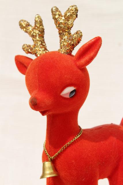 vintage Christmas decorations, blow mold plastic deer flocked red