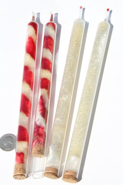 vintage Christmas decorations, full size glass candles  w/ red & white candy cane chenille