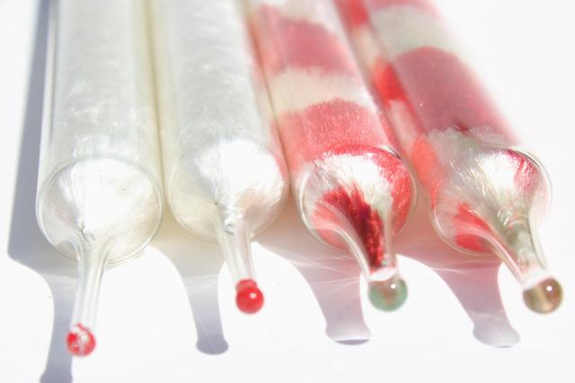 vintage Christmas decorations, full size glass candles  w/ red & white candy cane chenille