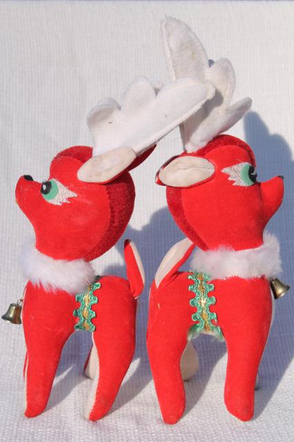 vintage Christmas decorations, lot plastic deer, red velvet reindeer, green flocked Santa boot