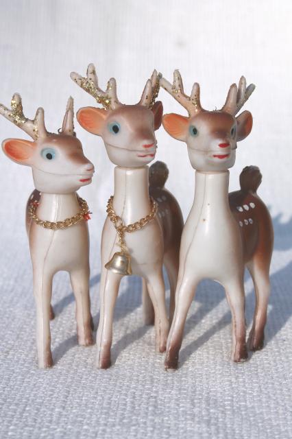 vintage Christmas decorations, lot plastic deer, red velvet reindeer, green flocked Santa boot