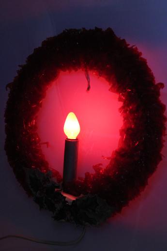 vintage Christmas decorations, red cellophane & chenille velvet wreaths w/ electric candles