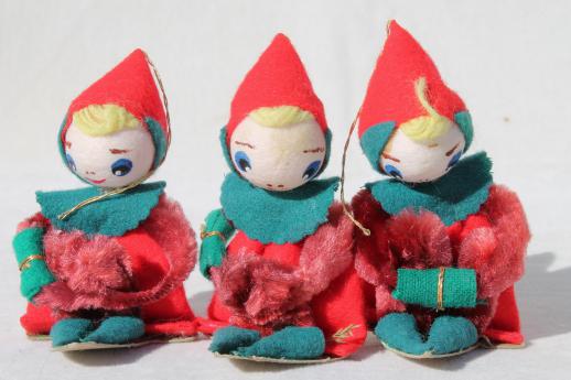 vintage Christmas decorations, tiny chenille pixies elves gift package or tree ornaments