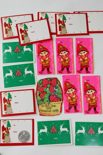 vintage Christmas gift tags, retro neon bright colors pink labels pixie elves