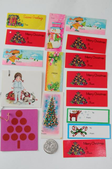 vintage Christmas gift tags, retro neon bright colors pink labels pixie elves