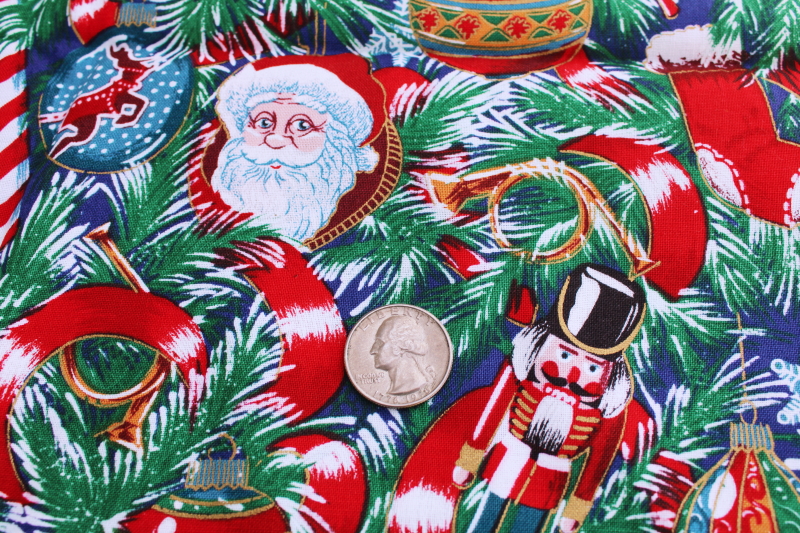 vintage Christmas holiday craft quilting cotton fabric, Santas, tree ornaments, candy canes