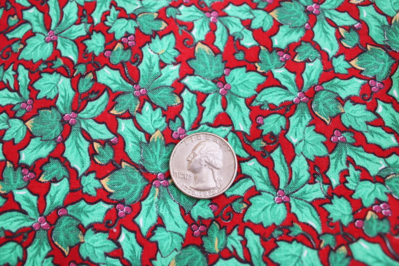 vintage Christmas holiday craft quilting cotton fabric, green poinsettias on red