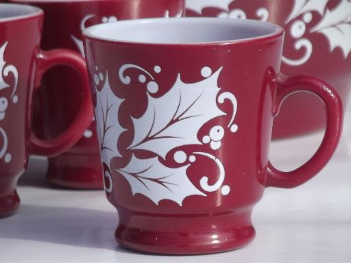 vintage Christmas holly glass punch bowl & cups, cranberry red & white