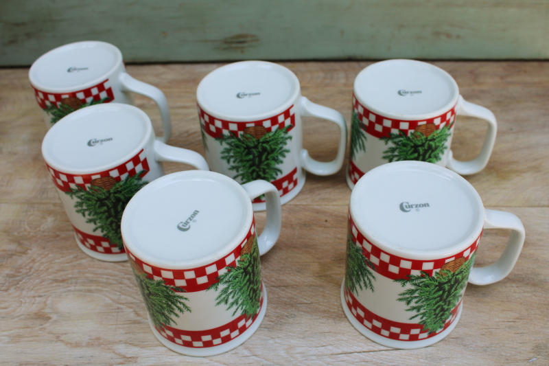 vintage Christmas mugs set, rustic cozy holiday red  white checked w/ pine trees