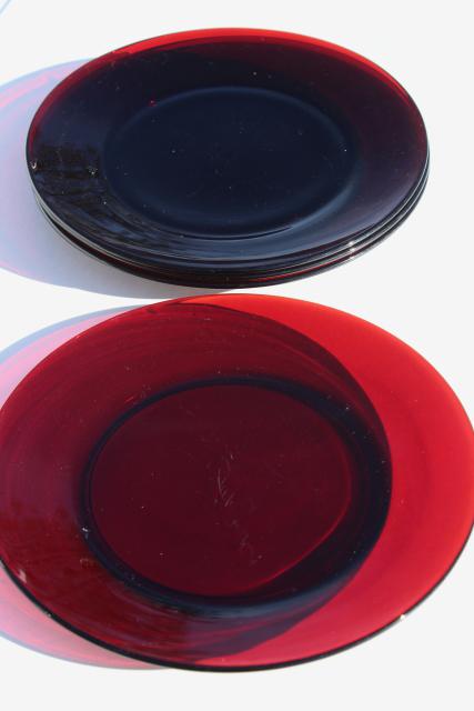 vintage Christmas red glass dinner plates, Royal Ruby or Arcoroc