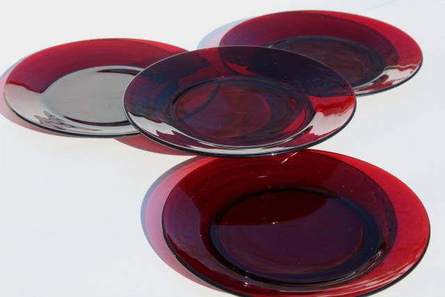 vintage Christmas red glass dinner plates, Royal Ruby or Arcoroc
