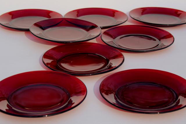 vintage Christmas red glass salad / dessert plates, Royal Ruby or Arcoroc