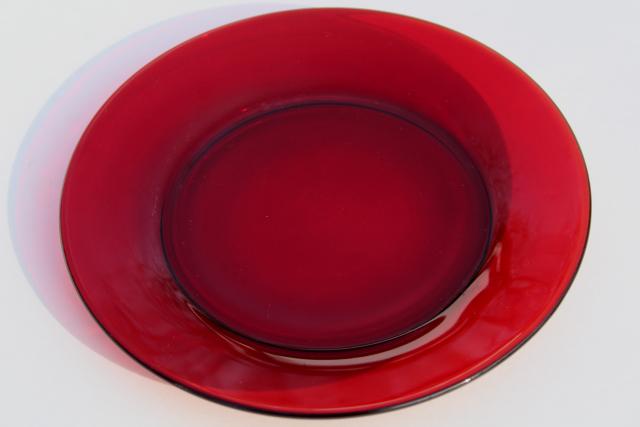 vintage Christmas red glass salad / dessert plates, Royal Ruby or Arcoroc