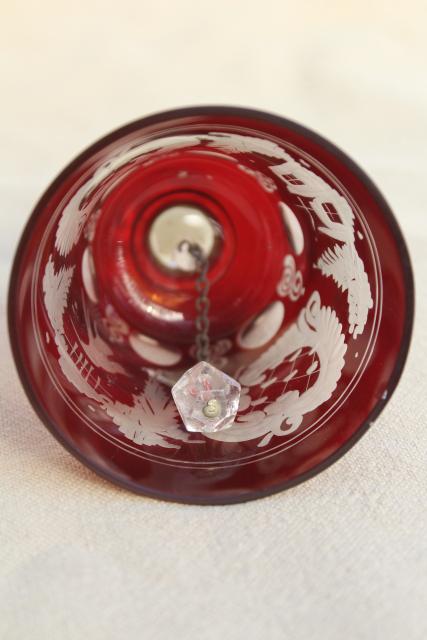 vintage Christmas table bell, Bohemian crystal ruby cut to clear glass