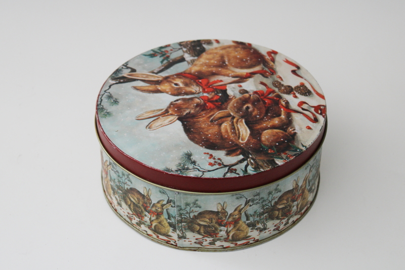 vintage Christmas tin, rustic style winter woodland scene rabbits in the snow print