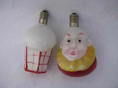 vintage Christmas tree decorations, old figural glass electric light bulb lot