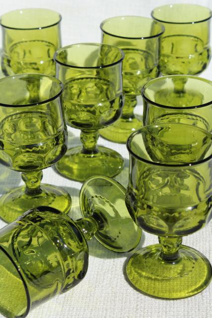 vintage Colony King's Crown pattern glass wine glasses, avocado green glass goblets