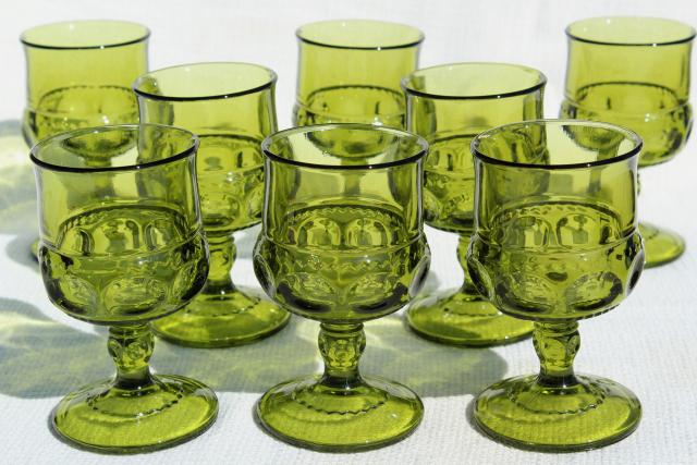vintage Colony King's Crown pattern glass wine glasses, avocado green glass goblets