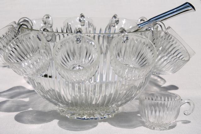 vintage Colony Starlight prismatic ribbed glass punch bowl set w/ hooked handle cups & ladle