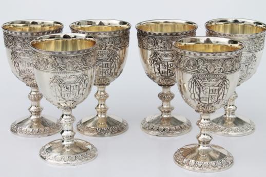 vintage Corbell silver plate goblet wine glasses w/ ornate crest coat of arms