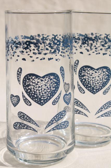 vintage Corelle blue heart go-along glassware, mint in box glass tumblers w/ sponged hearts