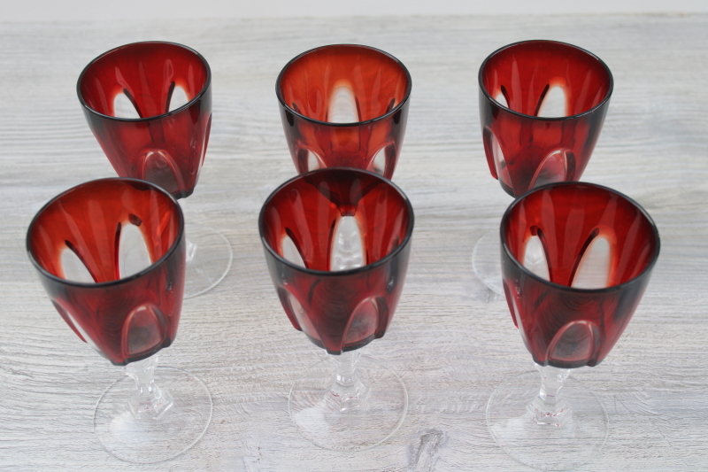 vintage Cristal dArques Arcoroc ruby red / clear glass wine glasses, Gothic goblets