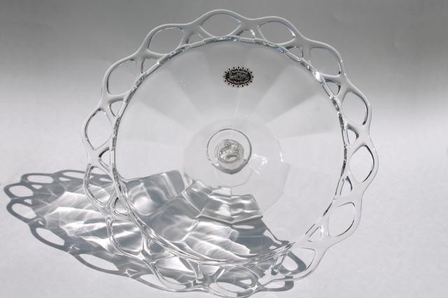 vintage Crocheted Crystal pattern glasscake stand w/ Sears Harmony House label