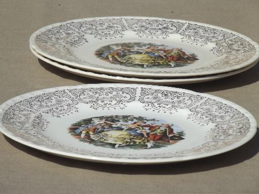 vintage Crooksville china plates, colonial couple w/ gold lace border