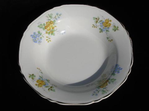 vintage Crown Potteries china soup bowls, forget-me-not flowers in blue & yellow