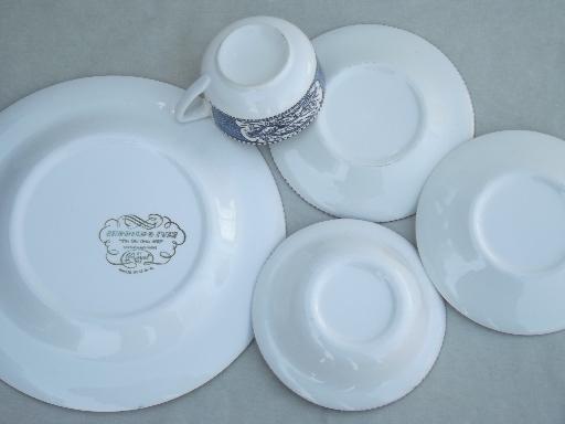 vintage Currier & Ives blue and white china dishes, dinnerware set for 4