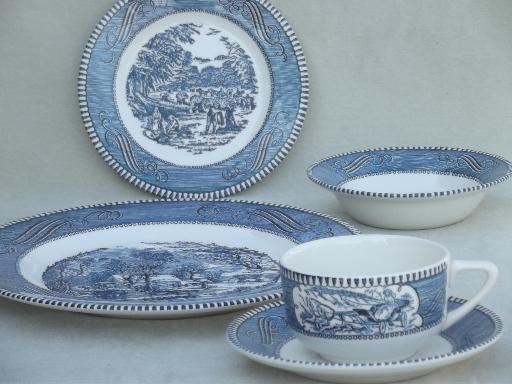 vintage Currier & Ives blue and white china dishes, dinnerware set for 6