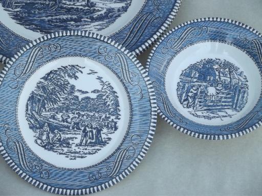vintage Currier & Ives blue and white china dishes, dinnerware set for 6