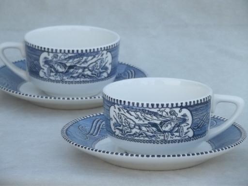 vintage Currier & Ives blue and white china dishes set of cups and saucers