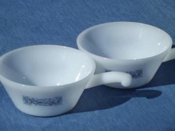 vintage Currier & Ives blue & white kitchen glass, handled soup bowls