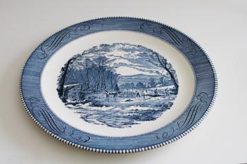 vintage Currier & Ives blue & white transferware china chop or cake plate, cutting ice