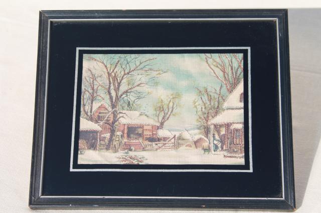 vintage Currier & Ives scene, printed linen w/ embroidery in art deco glass mat frame