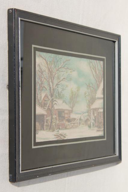 vintage Currier & Ives scene, printed linen w/ embroidery in art deco glass mat frame
