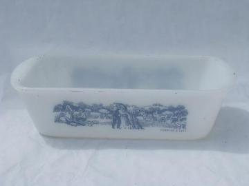 vintage Currier and Ives blue and white print bread loaf pan, Glasbake kitchen oven glass