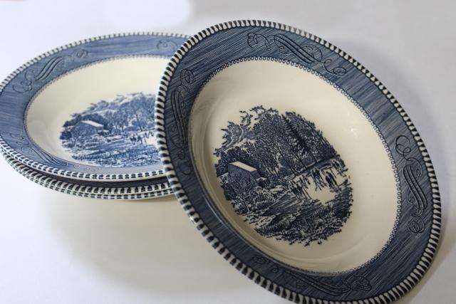 vintage Currier and Ives blue & white china plate rim soup bowls set of four