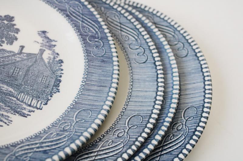 vintage Currier and Ives salad plates, blue & white china Washington's birthplace
