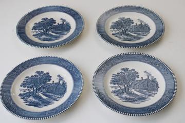 vintage Currier and Ives salad plates, blue & white china Washington's birthplace